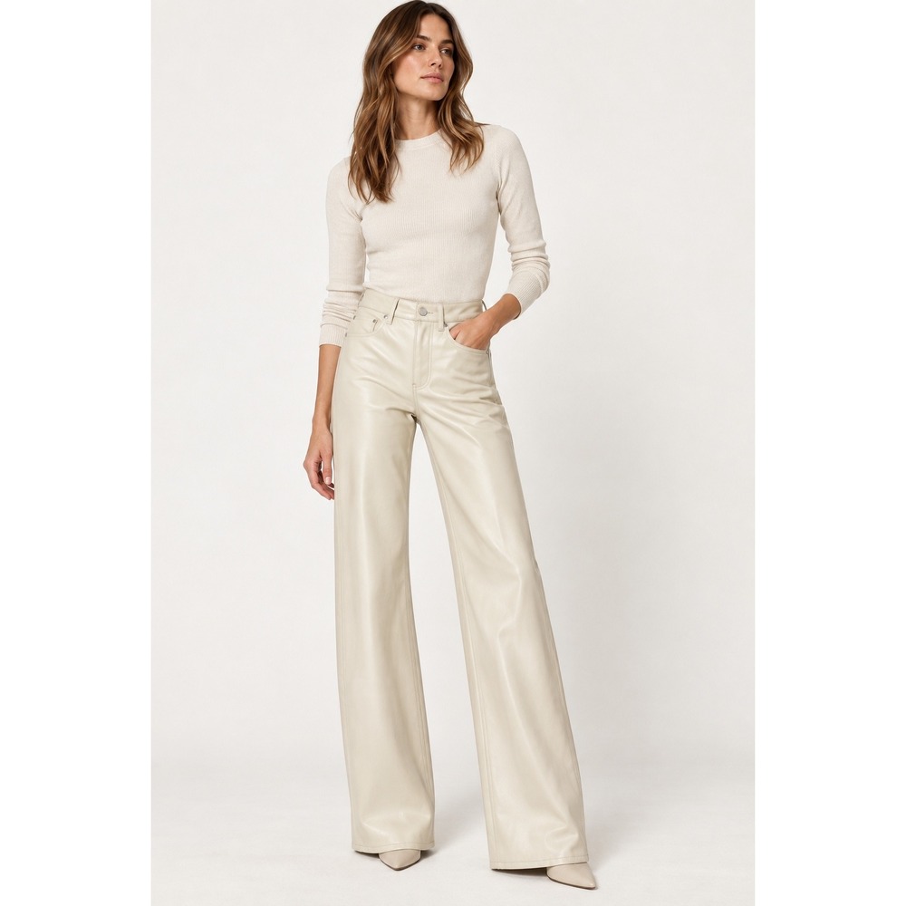 Veronica Beard Taylor Relaxed Wide Leg Pants Sz 24 Ecru Cream Ivory Faux Leather